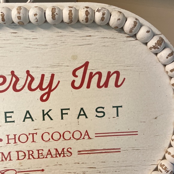 Tray HOLLY BERRY INN Christmas Holiday Wood Shabby Chic Chippy Beaded Farmhouse - Picture 6 of 10